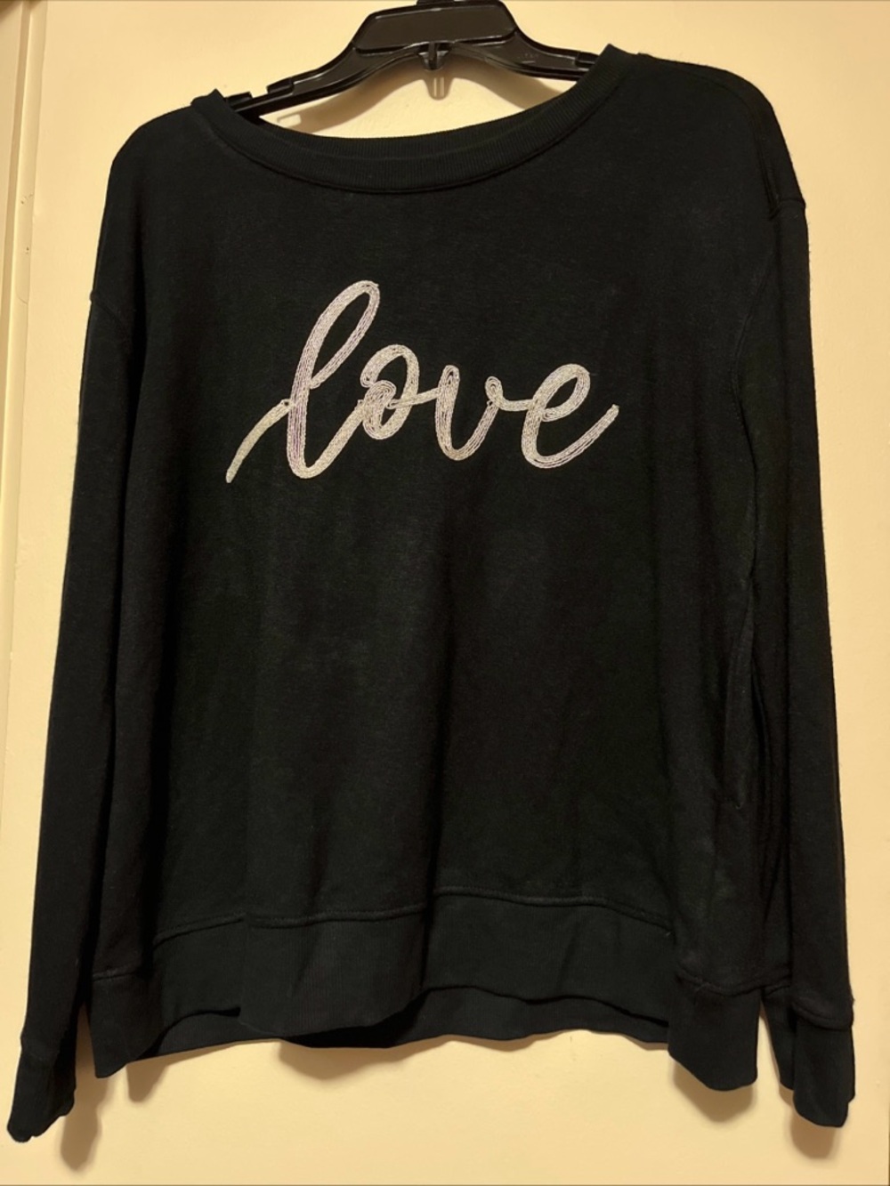 Jane and Delancey Black Shimmery Crewneck Sweatshirt with Silver 'Love' Script